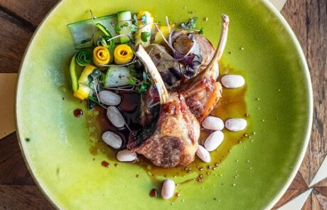 Lamb cutlets with borlotti beans and courgettes